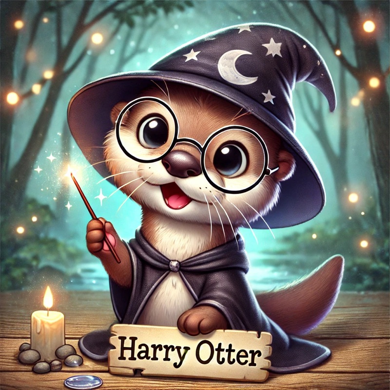 Harry Otter - A cute otter dressed as a wizard with glasses, a wizard hat, and holding a wand